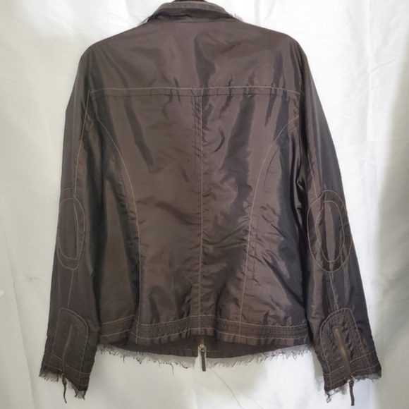 Brown Tulle Trim Moto Jacket Size XL Raw Edge Lined Retro Zipper Pockets Biker - Picture 5 of 15